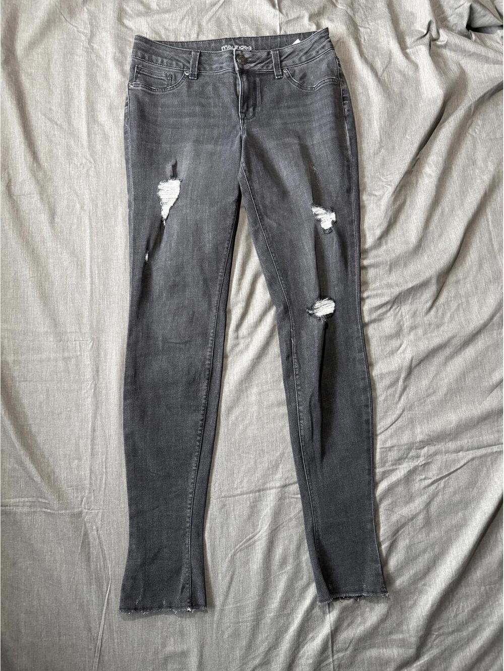 Maurices M Long Mid Rise Distressed Skinny Raw Hem Dark Gray Stretch Denim Jeans
